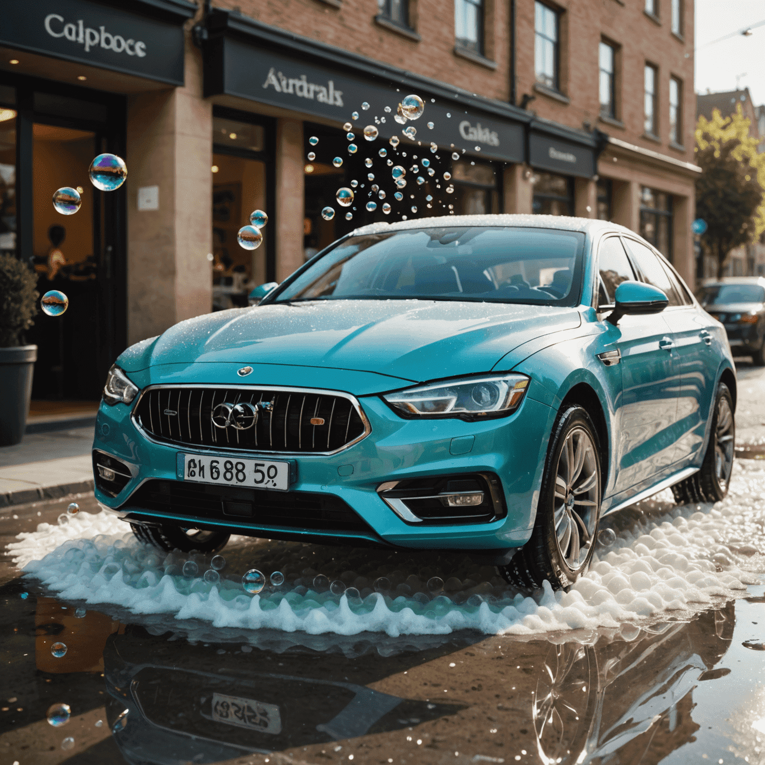 Een glanzende auto wordt gewassen met een spons, omringd door zeepbellen en water