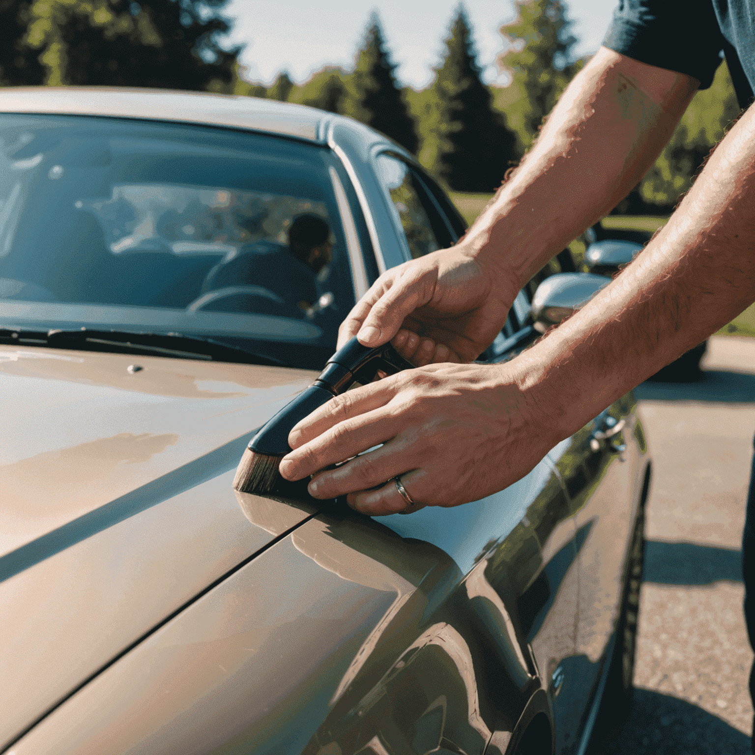 Een gedetailleerde close-up van een hand die een auto polijst, met zichtbare glans en reflectie op het oppervlak