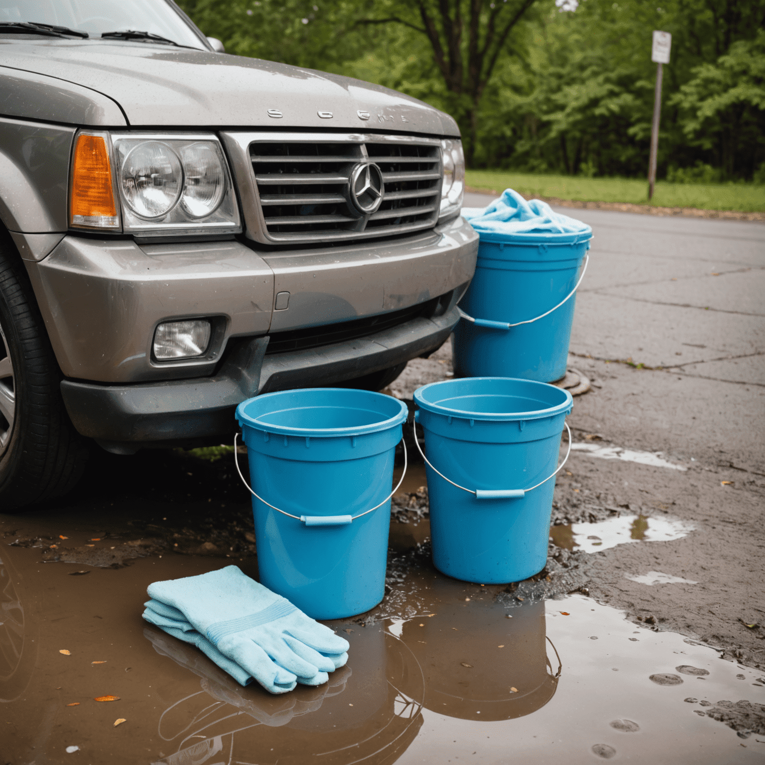 Twee emmers naast een auto, één met zeepwater en één met schoon water, met een washandschoen erbij