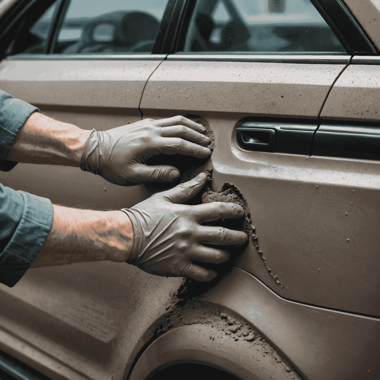 Close-up van een hand die klei gebruikt op een autodeur om verontreinigingen te verwijderen