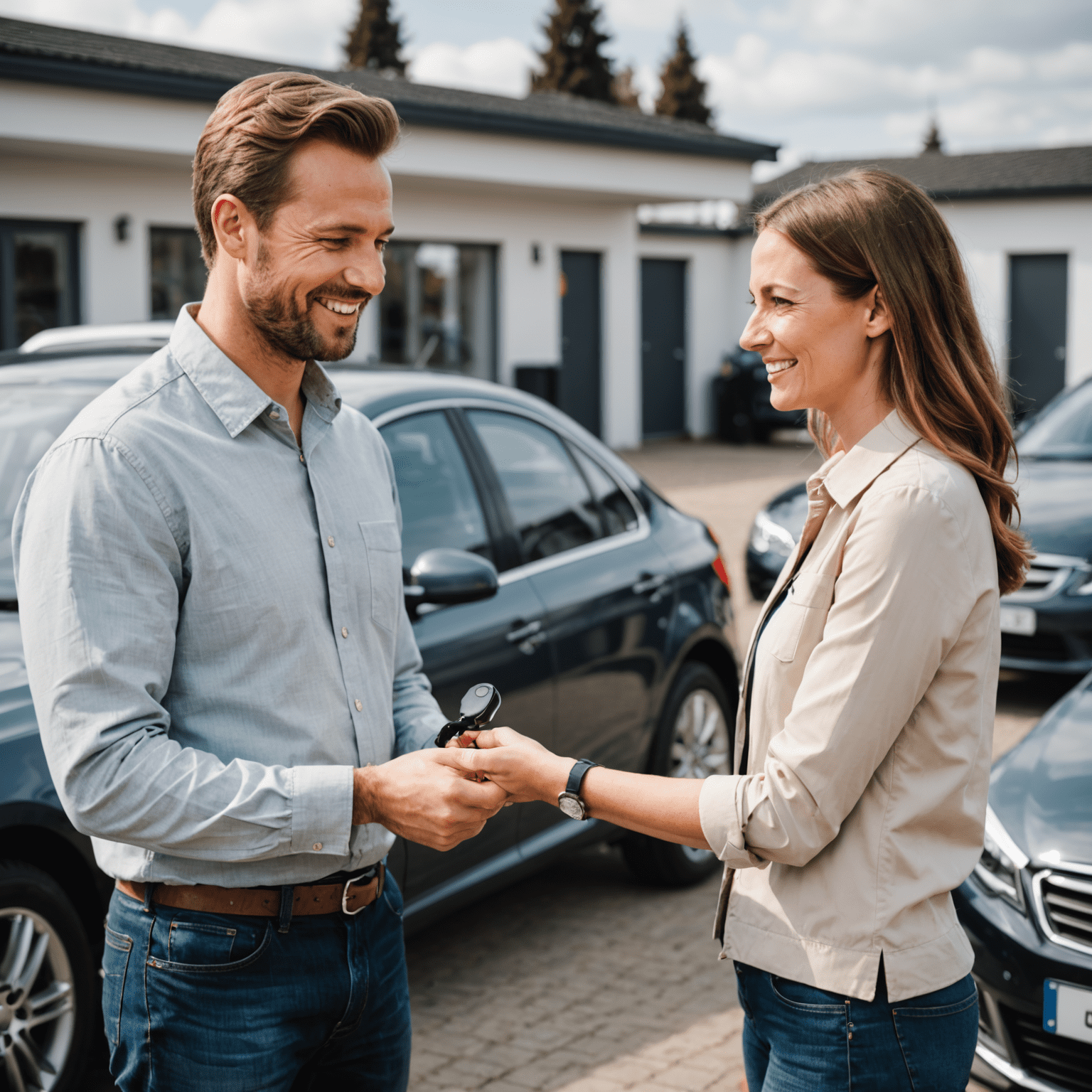 Een tevreden klant die de sleutels van zijn goedgekeurde auto in ontvangst neemt na een succesvolle technische inspectie, met op de achtergrond de inspectieruimte van een moderne garage